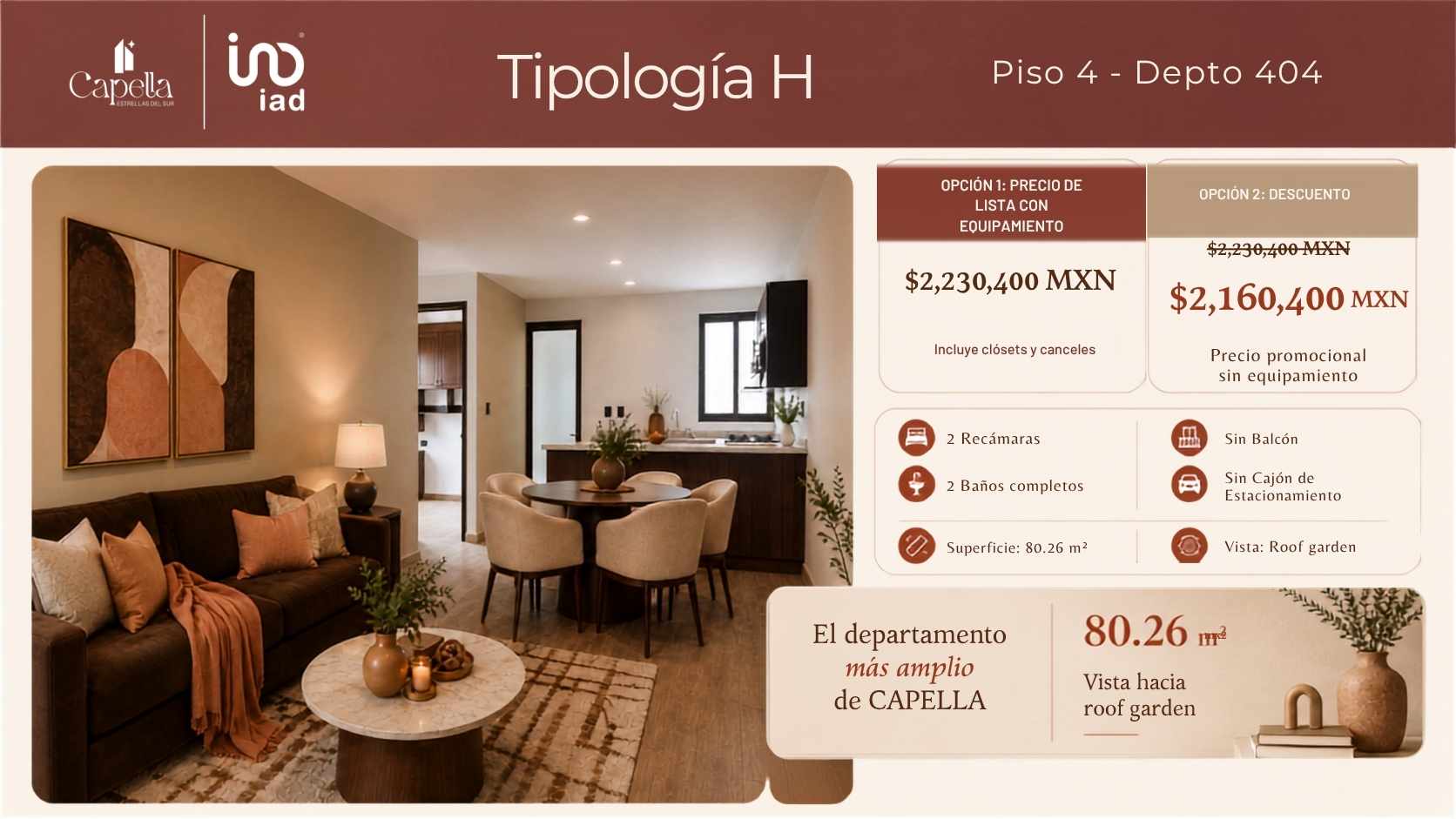 Modelo H de 80 m2 con 2 recámaras en Torre Capella, Puebla.