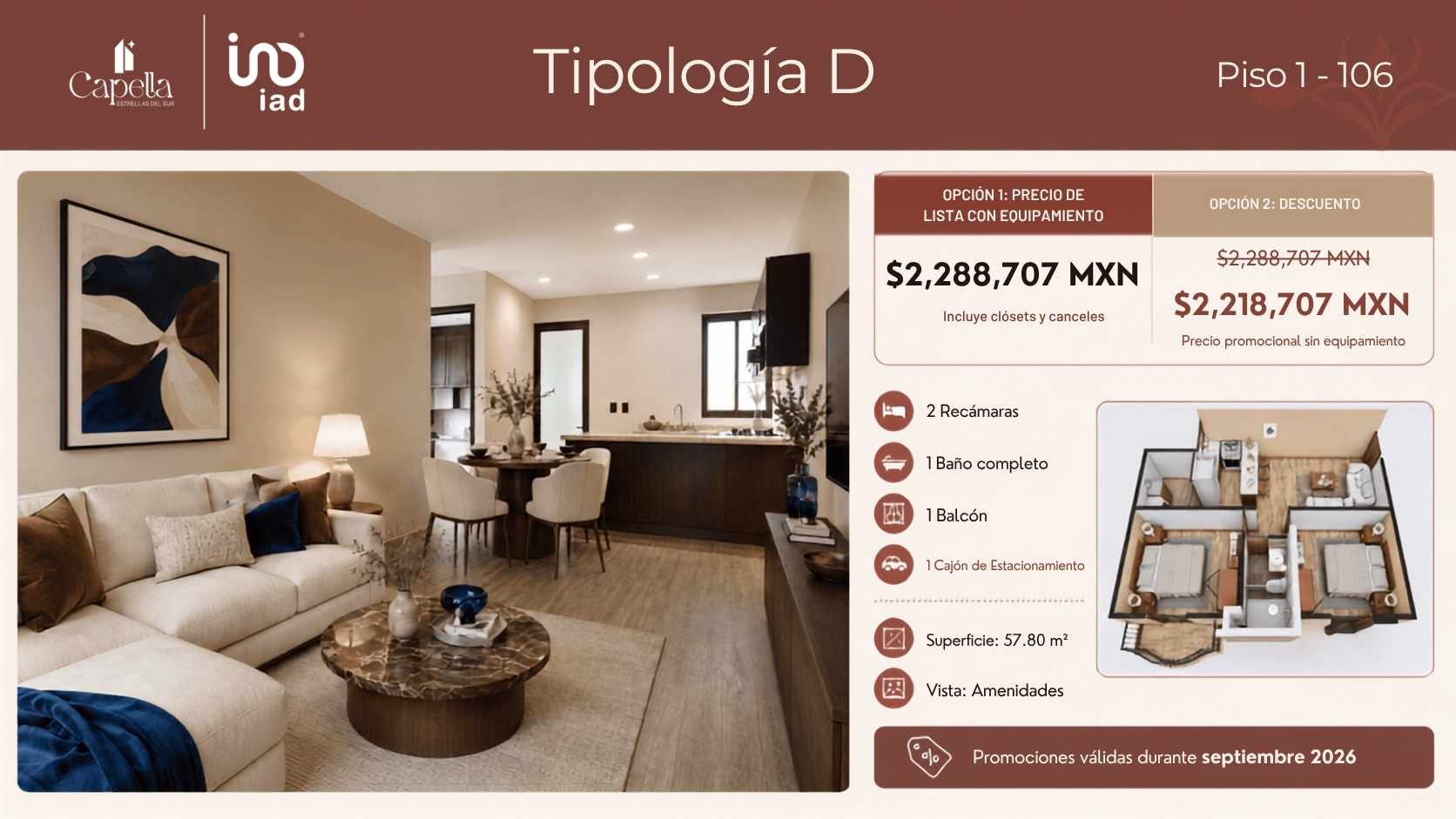 Modelo D de 57 m2 con 2 recámaras en Torre Capella, Puebla.