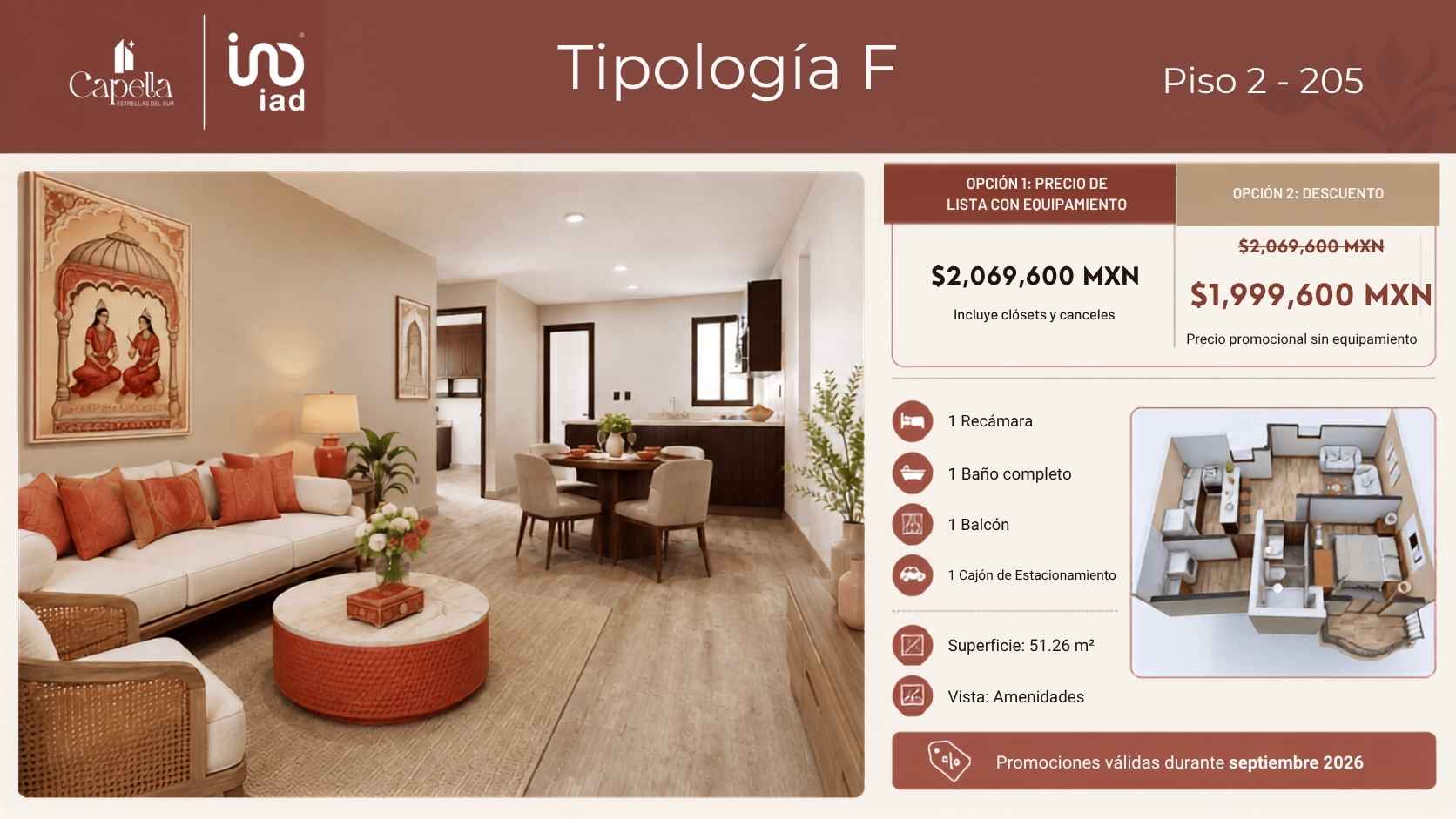 Modelo F de 51 m2 con 1 recámara en Torre Capella, Puebla.
