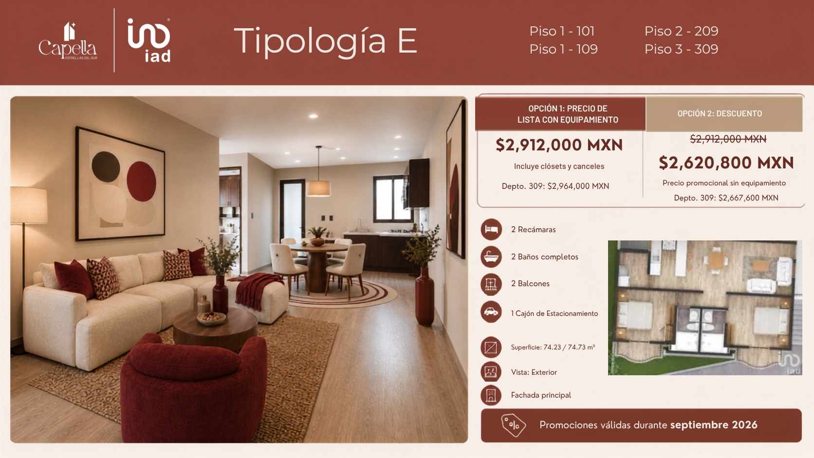 Modelo E de 74 m2 con 2 recámaras en Torre Capella, Puebla.