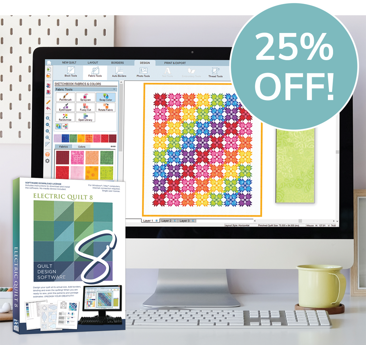 A photo of the EQ8 screen with a “25% Off“ banner