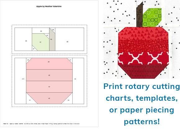 Print templates, rotary cutting charts, or paper piecing patterns