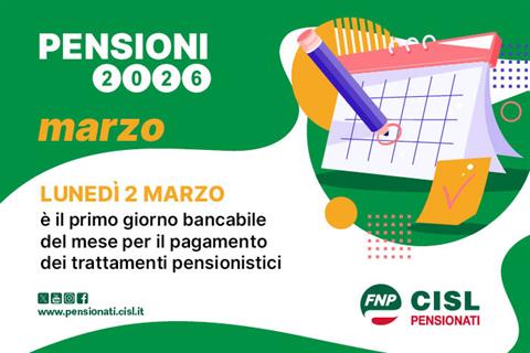 Pensione di marzo 2026, il calendario dei pagamenti