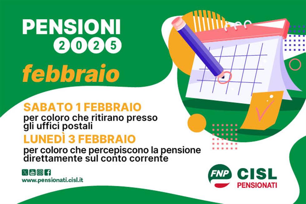 Pensioni febbraio 2025, il calendario dei pagamenti