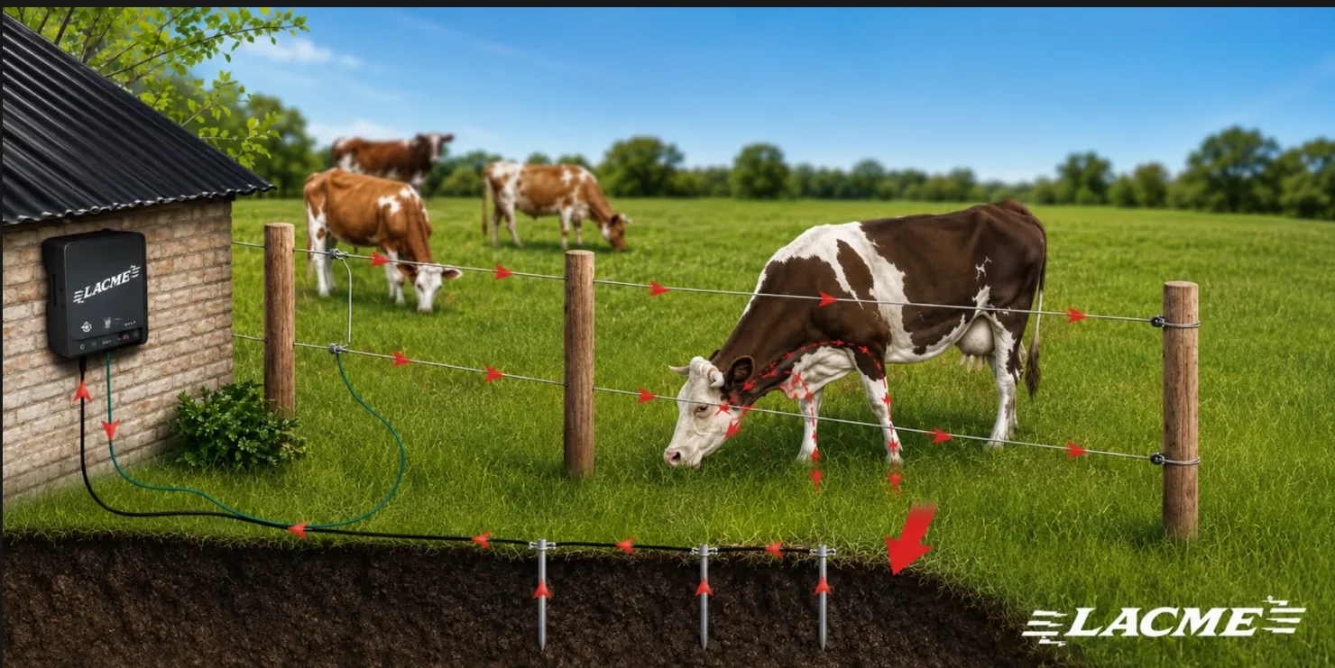 Diagrama LACME: el impulso sale del energizador, recorre el alambre, pasa por el animal y regresa por la puesta a tierra