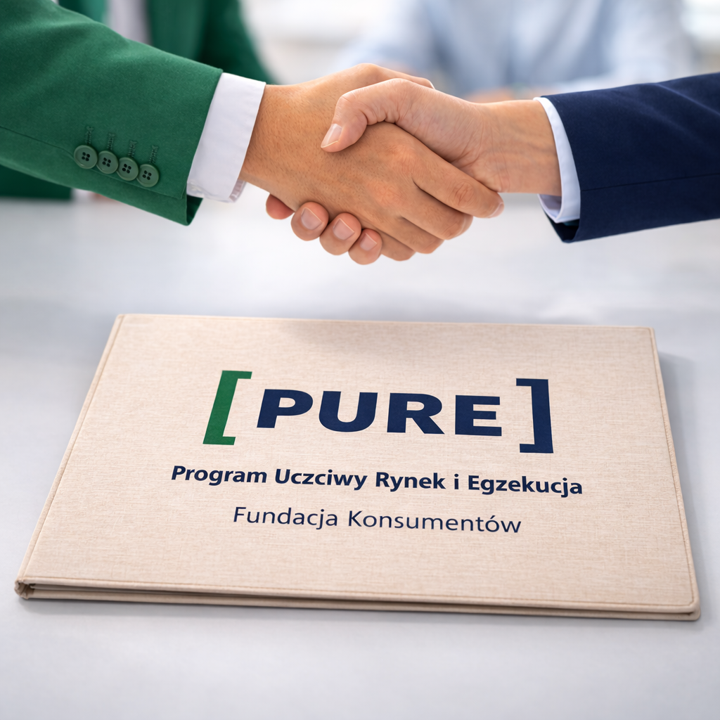 Uścisk dłoni nad teczką z logo programu PURE – Program Uczciwy Rynek i Egzekucja Fundacji Konsumentów, symbol współpracy na rzecz eliminowania nieuczciwych praktyk rynkowych.