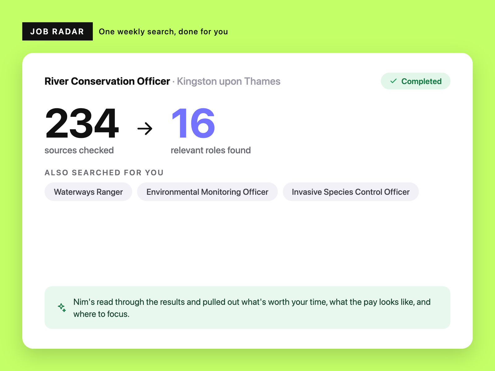 Job Radar results: 234 sources checked, 16 relevant roles found, with Nim's notes