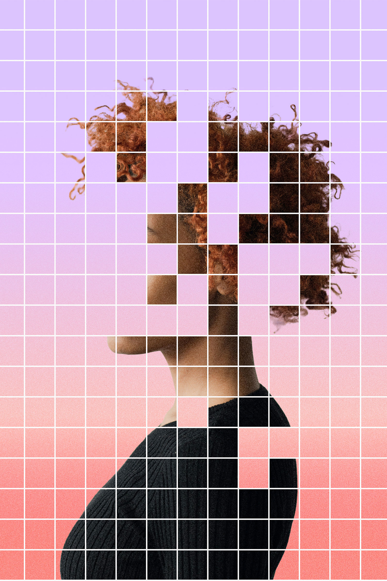 Portrait of a person in profile, overlaid with a pixelated grid