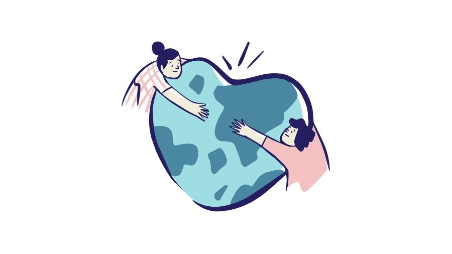 Giving Tuesday heart/world with two women holing it