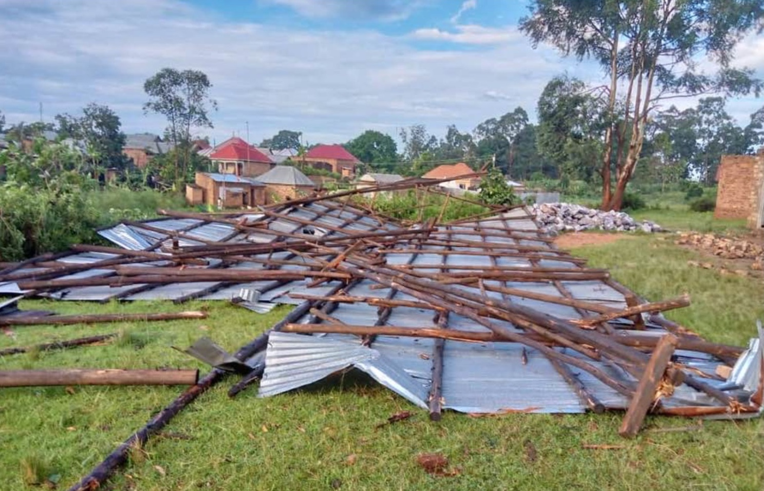 Iron sheets and roofing poles on the ground