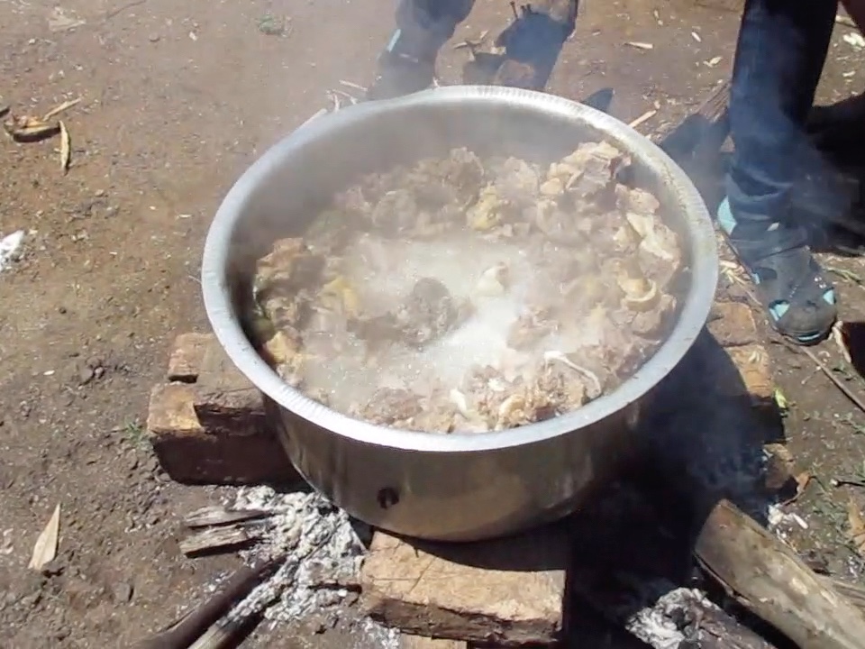 Huge pot of beef cooking over a 'campfire'