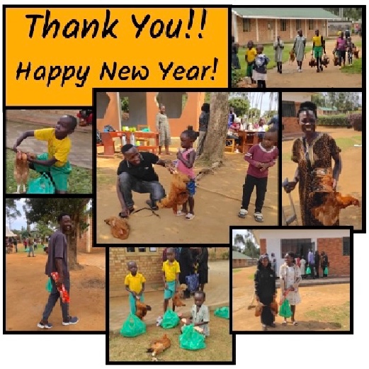 Three young Ugandan men with an older man with beautiful trees and shrubs in the background