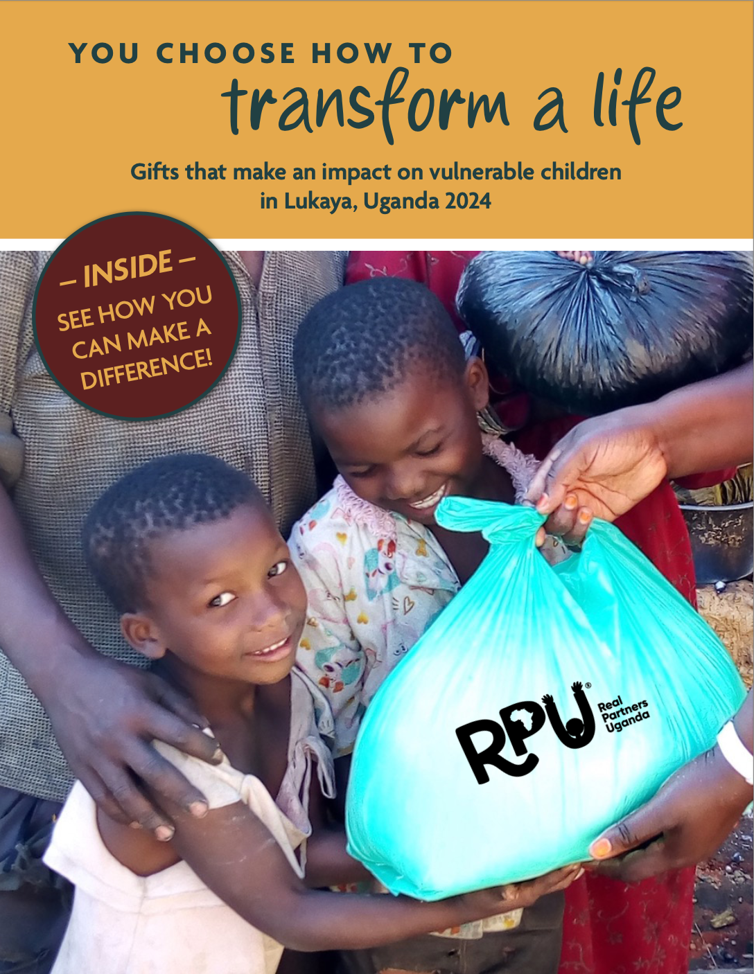 The cover of a Holiday Gift Catalog with a Ugandan family with two small children smiling as they receive a big bag of food.