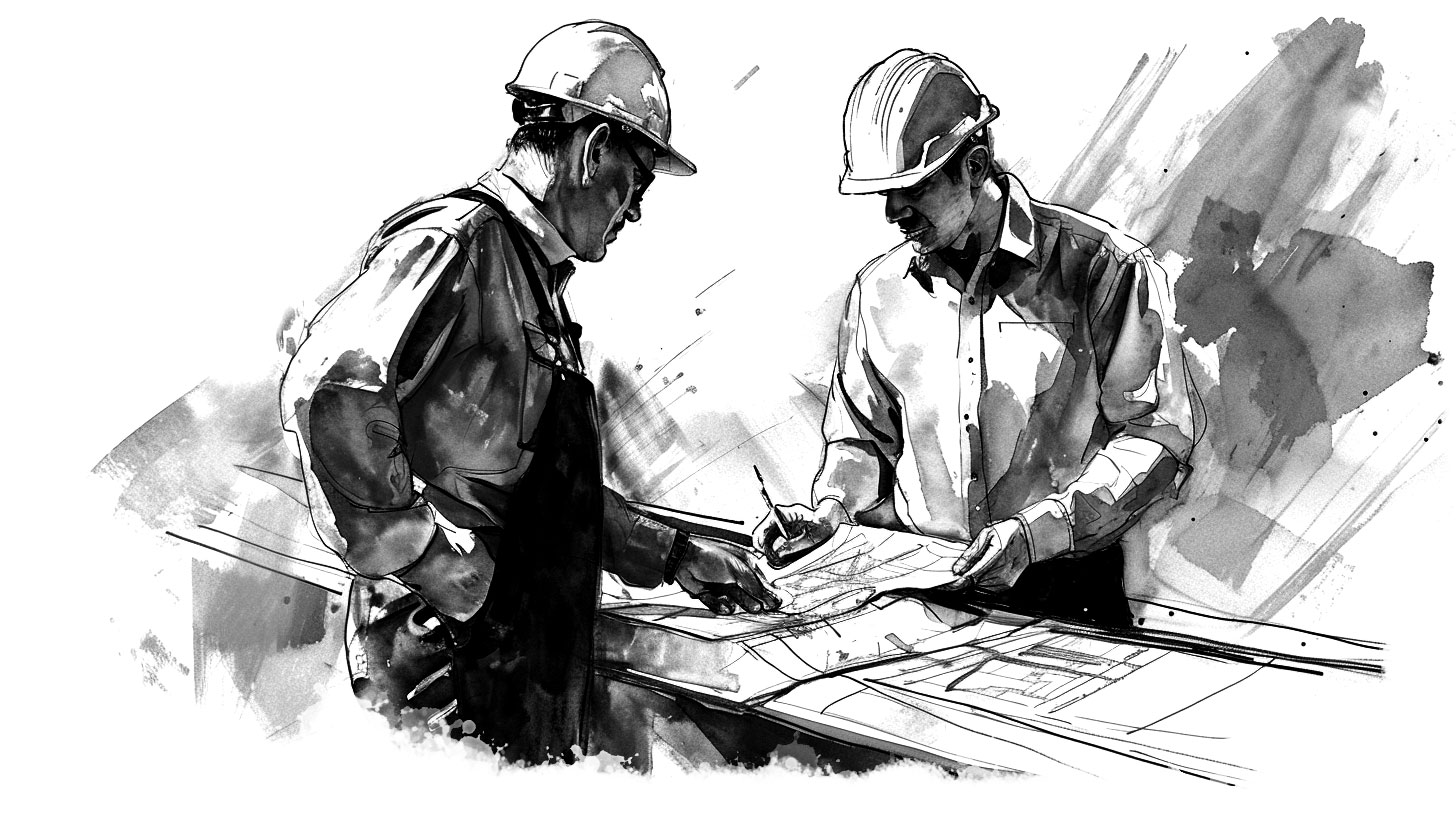 Deux hommes étudient un plan de chantier