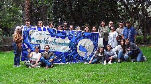 A diverse group of about 35 people pose indoors, smiling, with a banner reading “#BreakFreeFromPlastic América Latina y el Caribe“ above. 