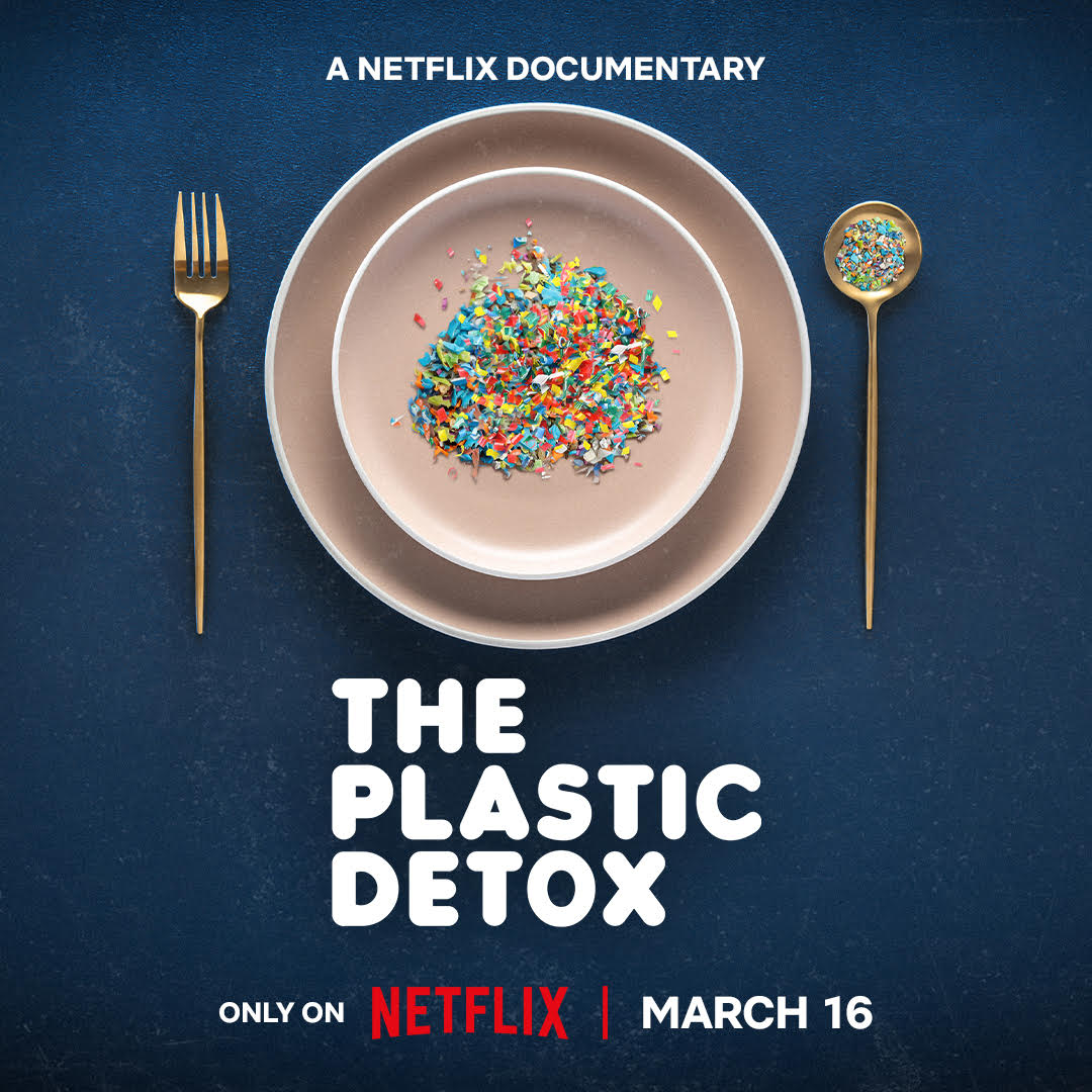 A plate filled with colorful plastic fragments is placed between a fork and a spoon, promoting the Netflix documentary “The Plastic Detox,“ releasing March 16.
