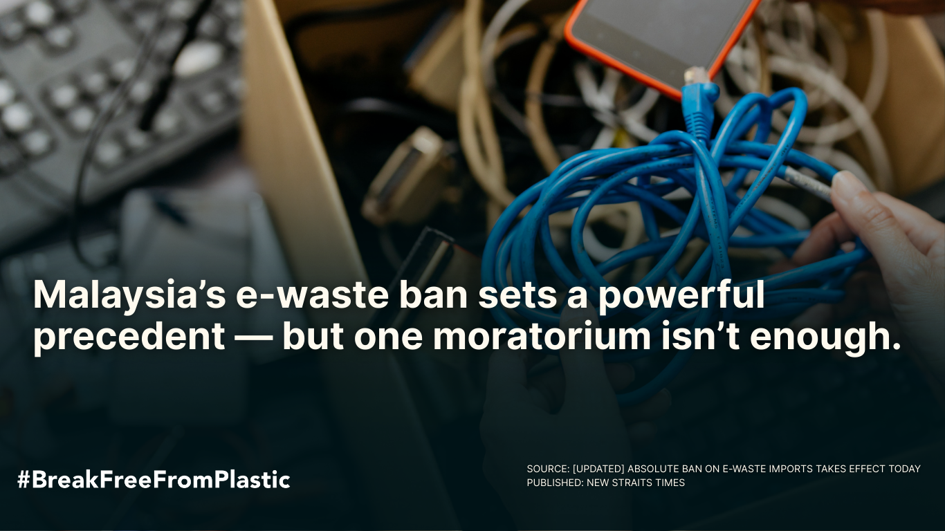 A hand holds tangled cables above a box of electronic waste. Text discusses Malaysia's e-waste ban as a precedent, with hashtags and source information at the bottom.