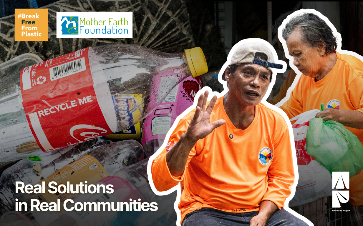 Two people in orange shirts engage in recycling efforts, sorting plastic bottles. 