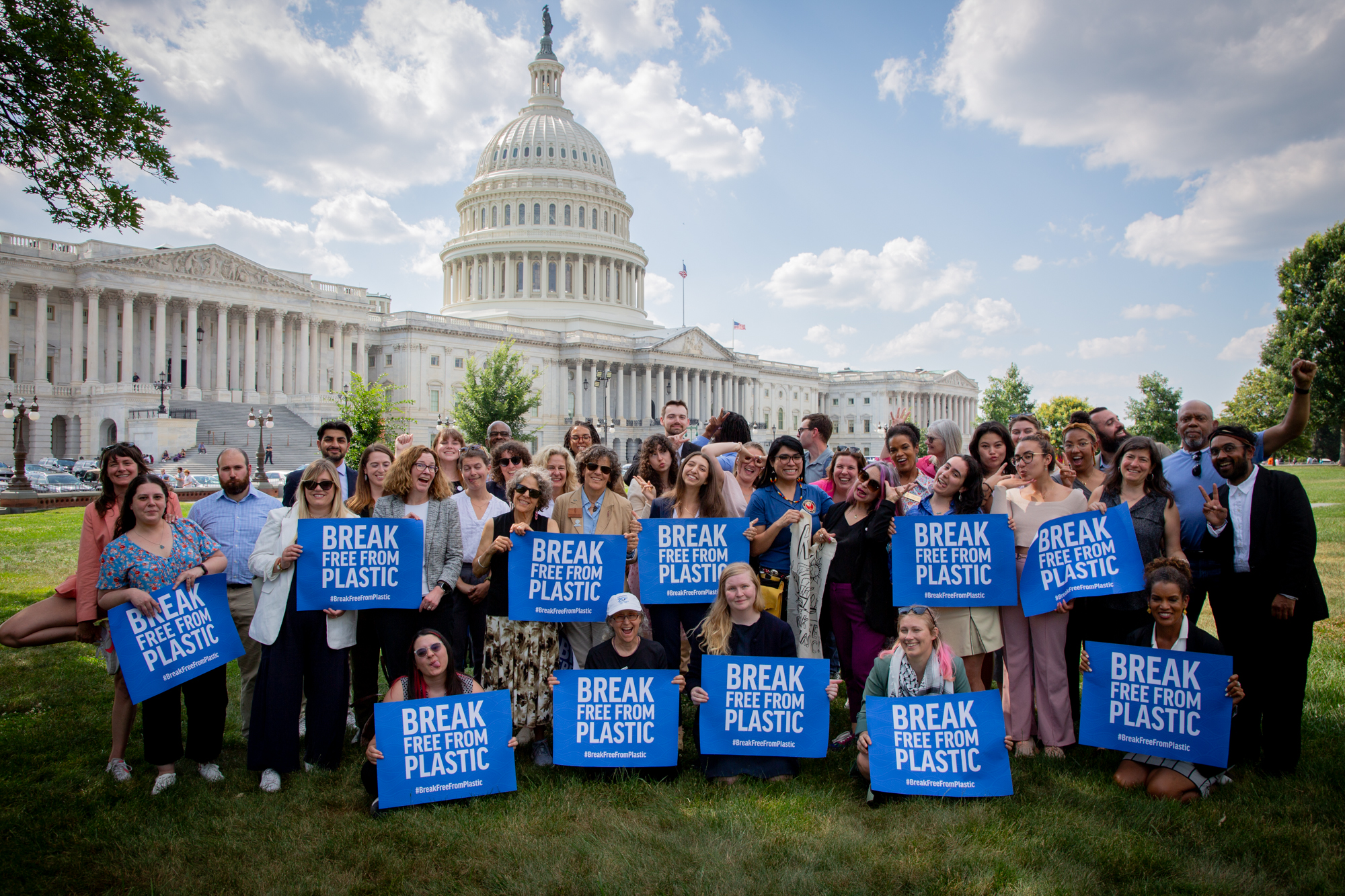 BFFP Members outside the U.S. Capitol during the 2024 Hill Week hold #BreakFreeFromPlastic signs while advocating for a cap on plastic production.