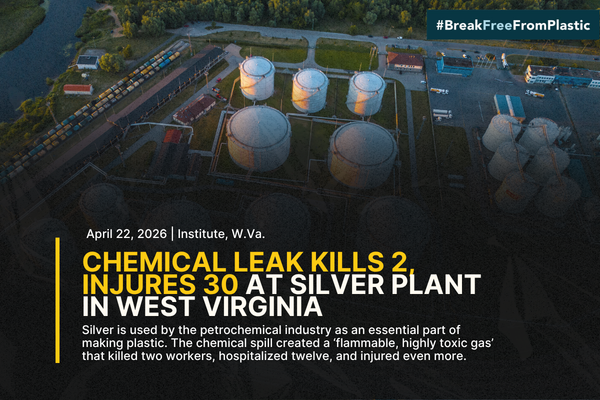 Aerial view of a petrochemical plant at dusk with large storage tanks. Text overlay reports a fatal chemical leak, highlighting environmental impact.