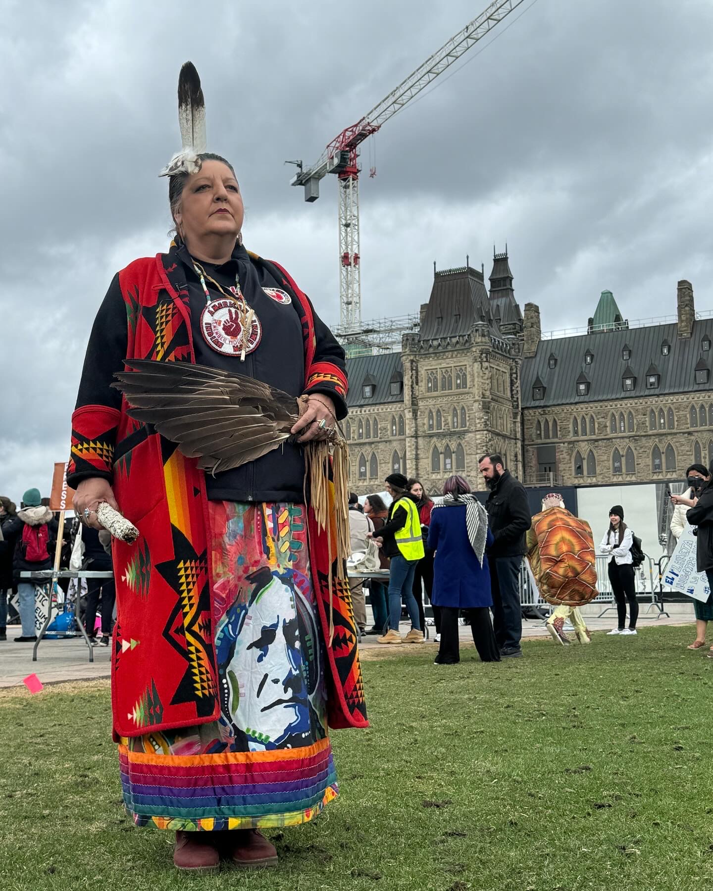 Suzanne Smoke (Society of Native Nations) in front of the Parliament of Canada before the fourth round of Global Plastics Treaty negotiations (INC-4) in Ottawa, April 2024