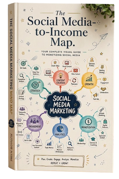 An 3D ebook cover wiht the title 'The Social Media-to-Income Map' and a handwritten mind map.