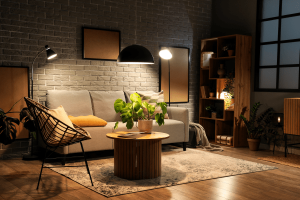 Cozy living room illuminated with layered lighting—arched floor lamp, table lamp, and pendant light casting warm glow over sofa, wooden furniture, and indoor plants.