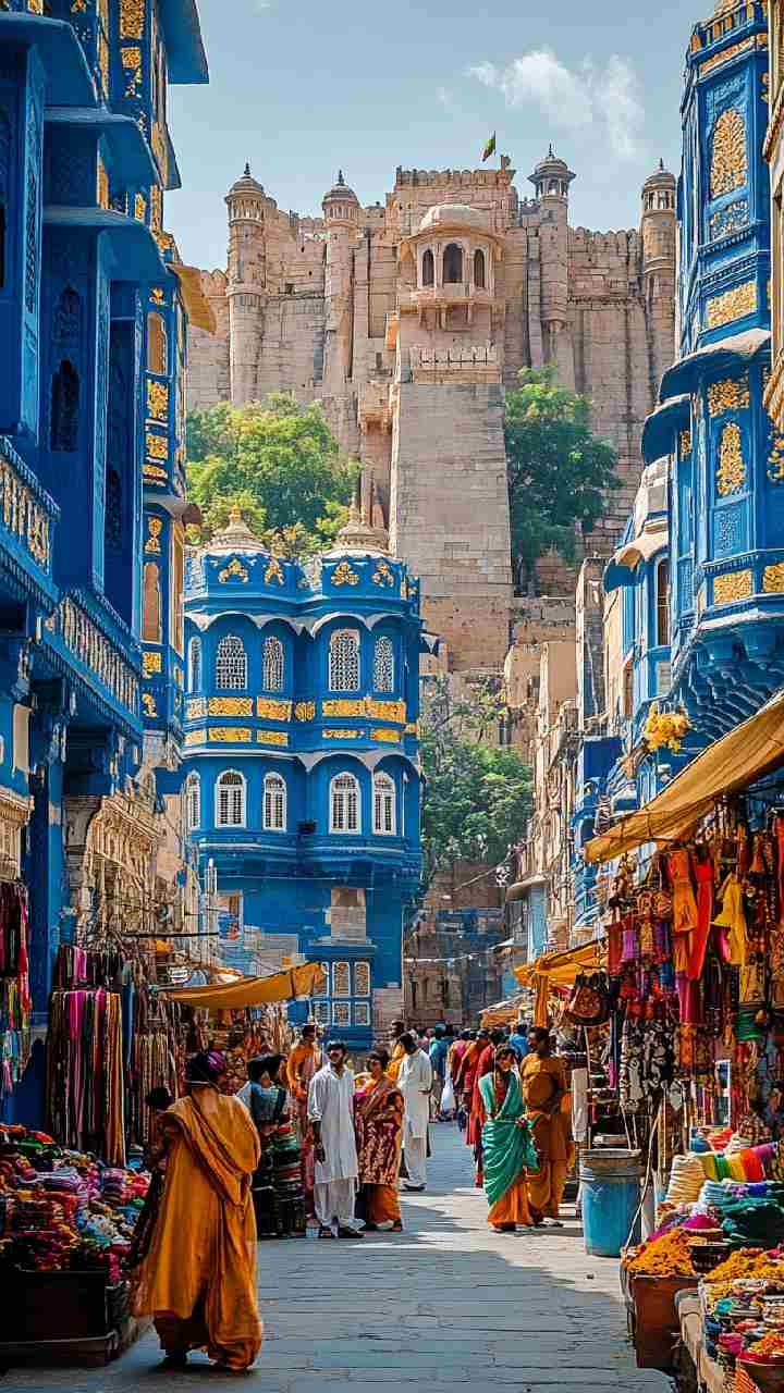Blaue Altstadtgasse in Jodhpur unterhalb des Forts