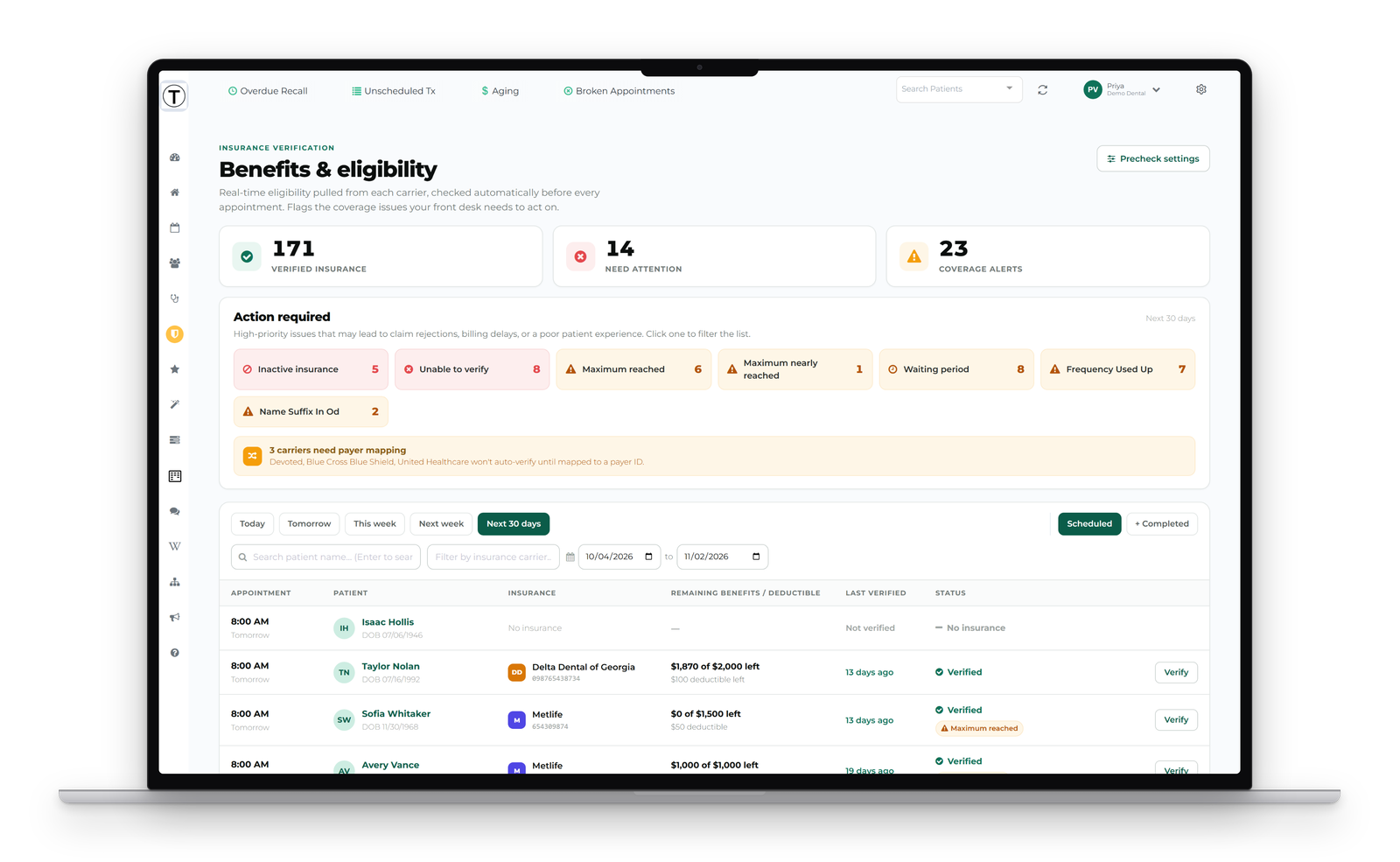 The Benefits & eligibility dashboard on a laptop, showing upcoming appointments with their verification status