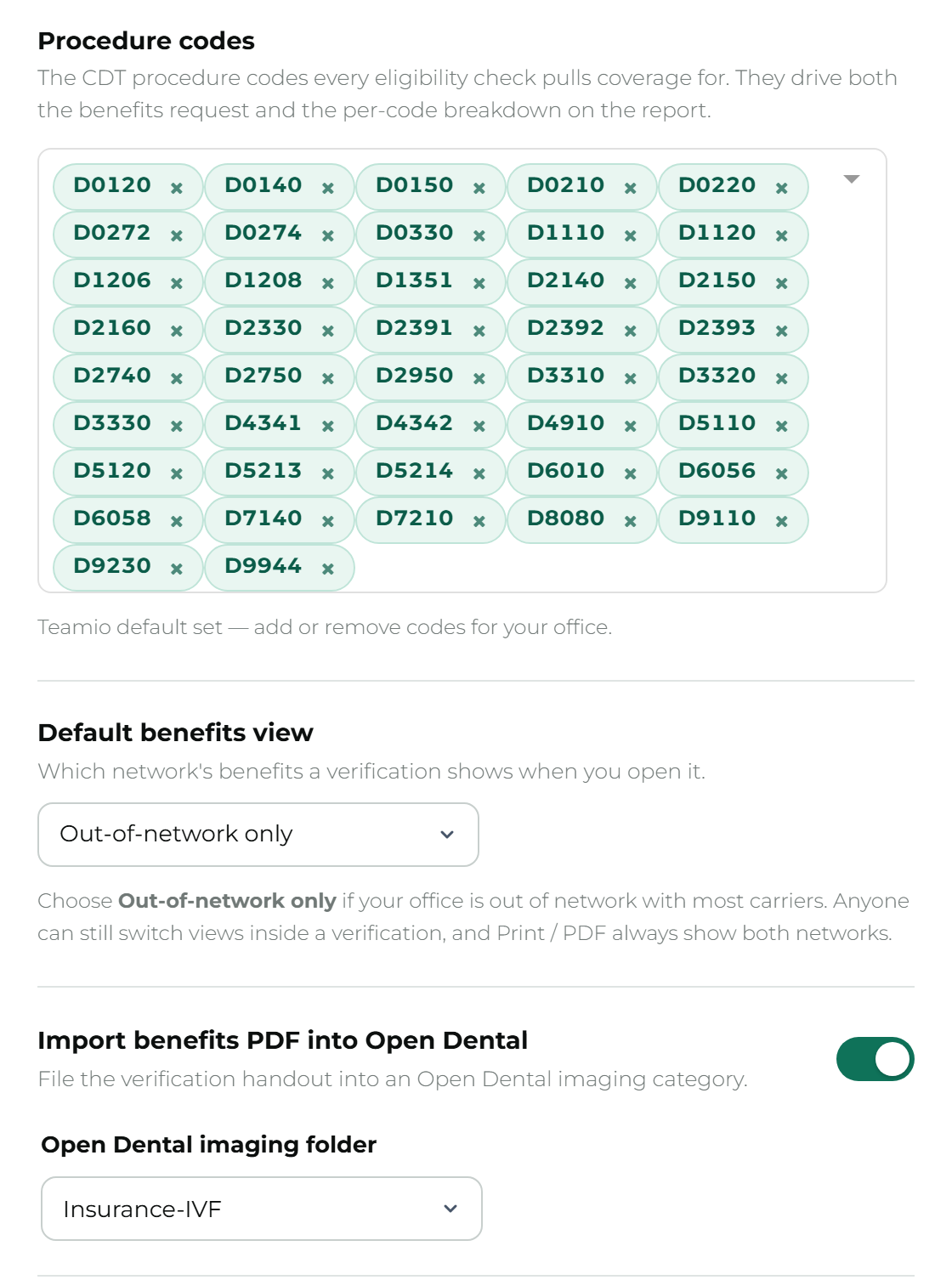 Precheck settings screen showing procedure codes and the default benefits view