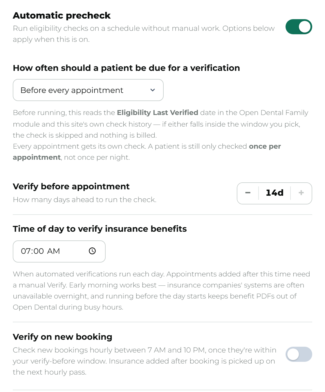 Precheck settings screen showing the days before the visit and time of day