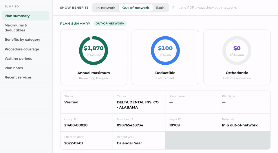 Scrolling through a patient's verified benefits, with the Jump to list on the left