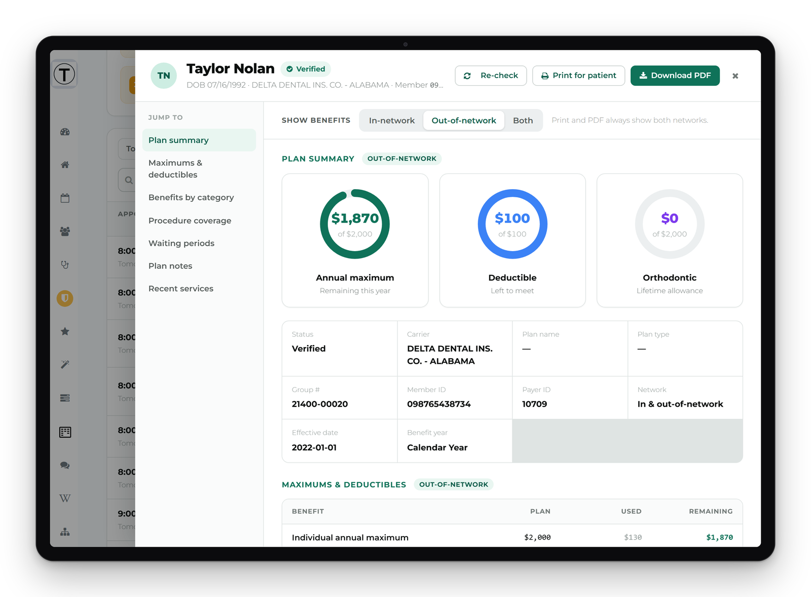 A patient's verified benefits open on an iPad