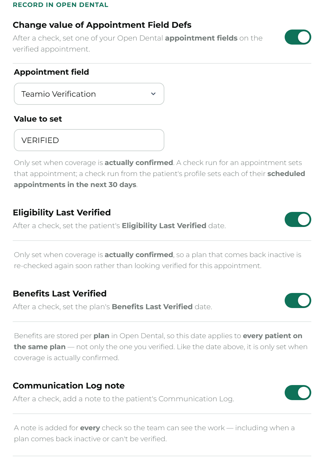 Precheck settings showing the Record in Open Dental options